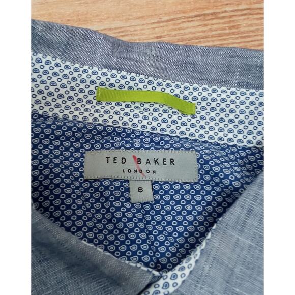Ted Baker Men's Button Down Shirt Roll Tab Sleeves Linen Blue Size 6 - Picture 2 of 13